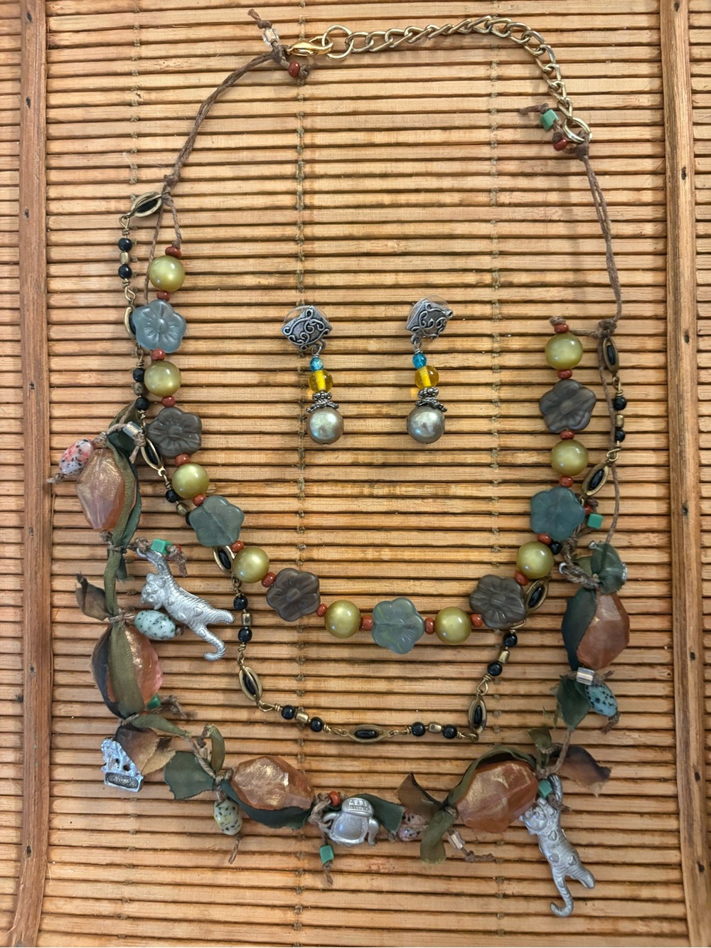 Boho Multi-Layer Green and Golden 24” Multi Tectured Necklace  Matching Earrings